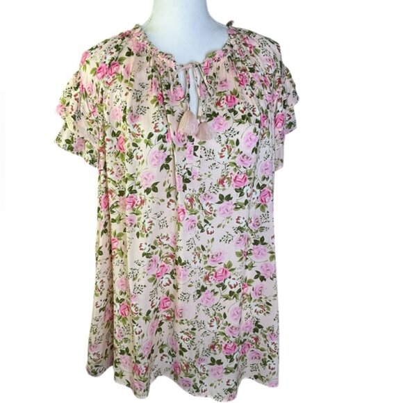 Rose & Olive Top Flutter Sleeve V Neck Top Tassel Slip Over Cream Pink 2X NEW - Picture 1 of 16